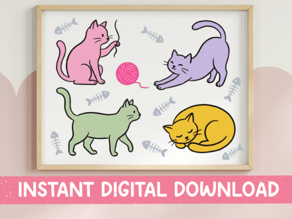 Cat Play Scene Pastel Sticker SVG Graphics
